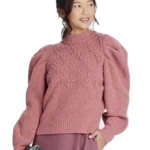 New a new day Women's Crochet Puff Shoulder Blush Pink Rose Sweater Small
